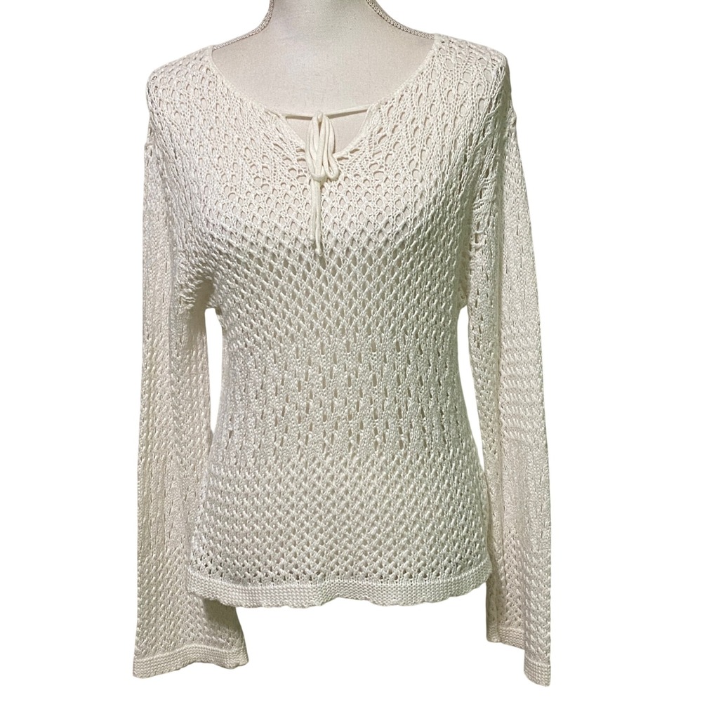Vtg 90s Y2K Women Open Knit Crochet Tie V-Neck Bell Sleeve Sweater L Cover Up